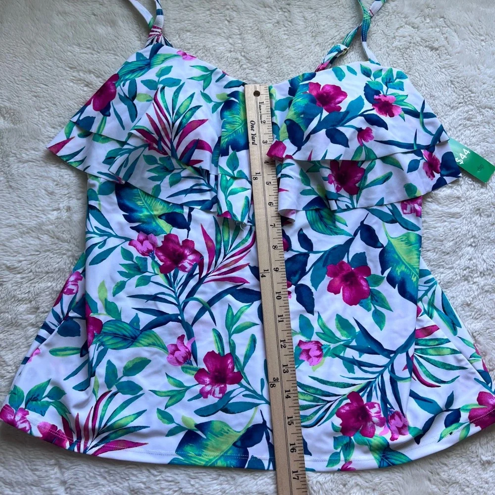 Riviera Womens Swim Tropical Floral Ruffle Tankini Top White Pink Green Large